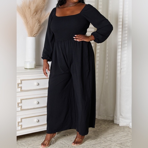 NEW Double Take Black Square Neck Smocked Long Sleeve Wide Leg Jumpsuit - Picture 3 of 9